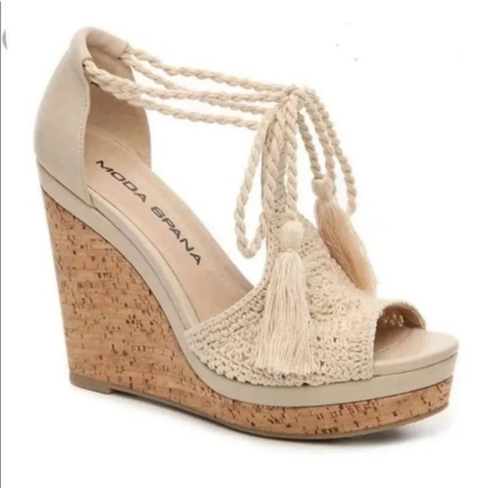 MODA SPANA cork wedge heel strappy embroidery Sz 9.5 - Picture 2 of 7